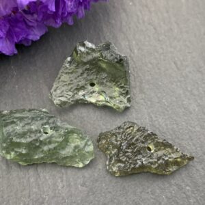 Moldavite Beads, Rough Olive Green (Lot of 3, Drilled)