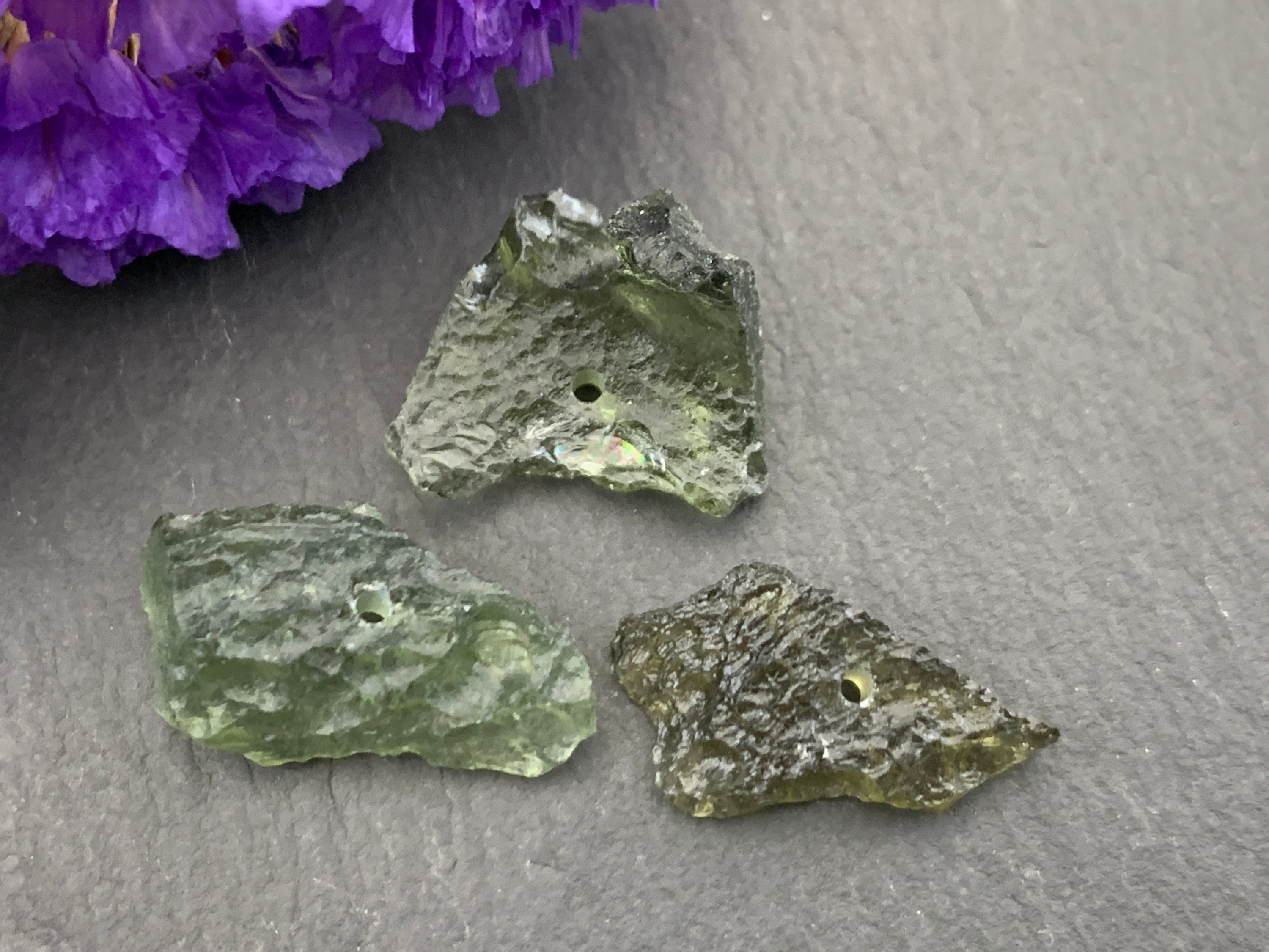 Moldavite Beads, Rough Olive Green (lot Of 3, Drilled) Moldavite Beads, Rough Olive Green (lot Of 3, Drilled)