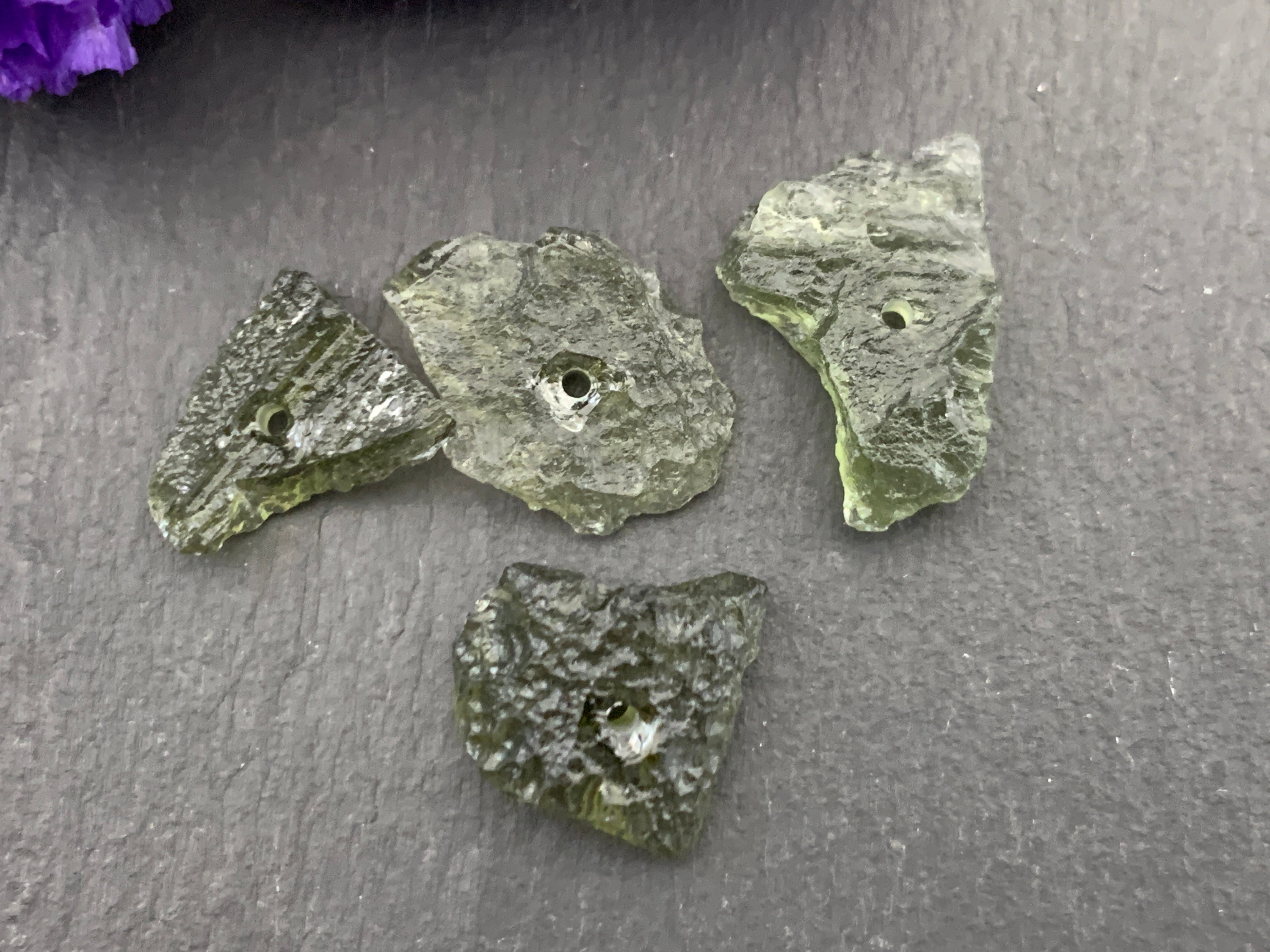 Moldavite Beads, Rough Olive Green (lot Of 4, 12-16mm)