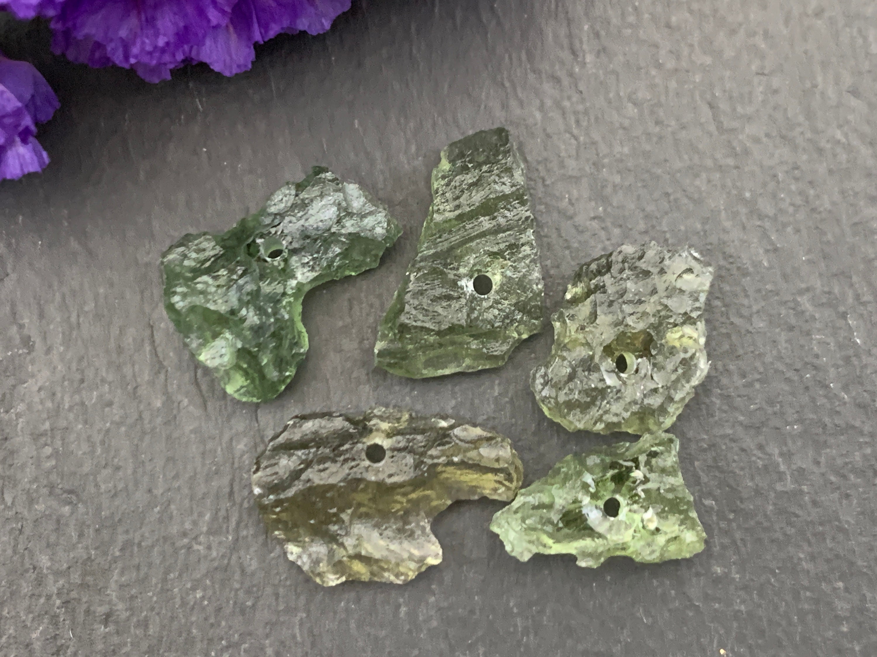 Olive Green Moldavite Beads: Rough Starborn Stones, Lot Of 5