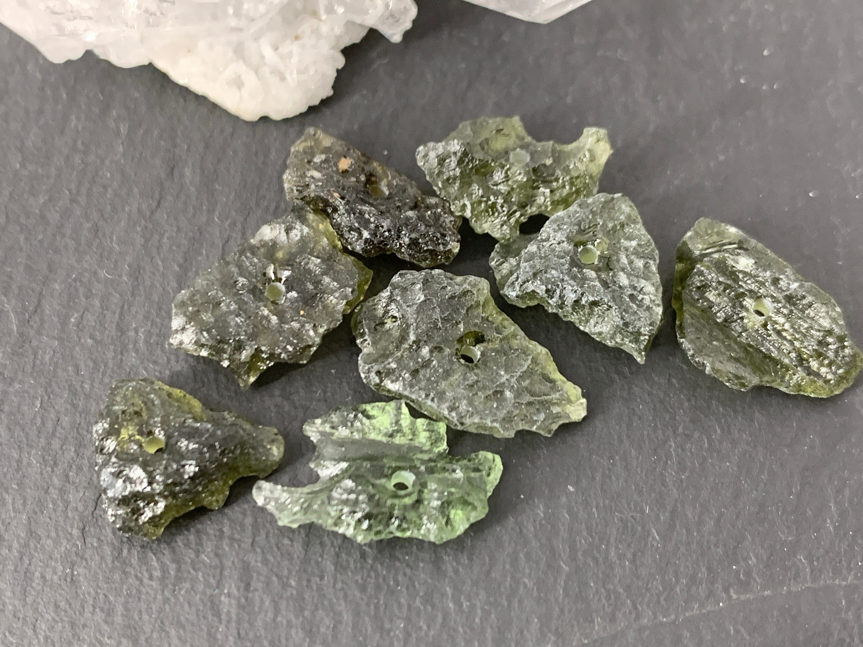 Rough Moldavite Beads: Lot Of 8 Olive Green Tektite Stones