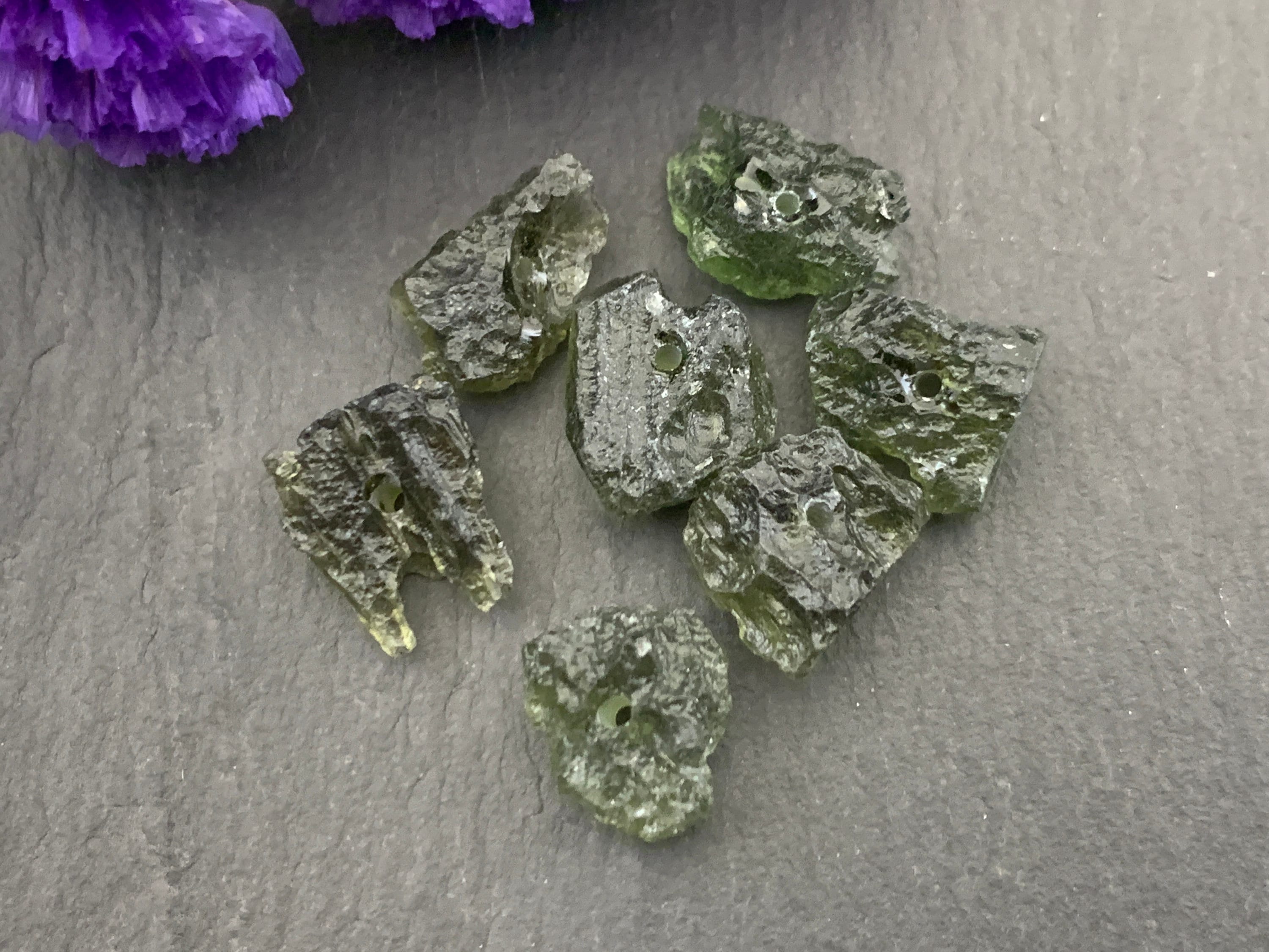 Rough Moldavite Beads - Lot Of 7 Olive Green Stones Rough Moldavite Beads - Lot Of 7 Olive Green Stones