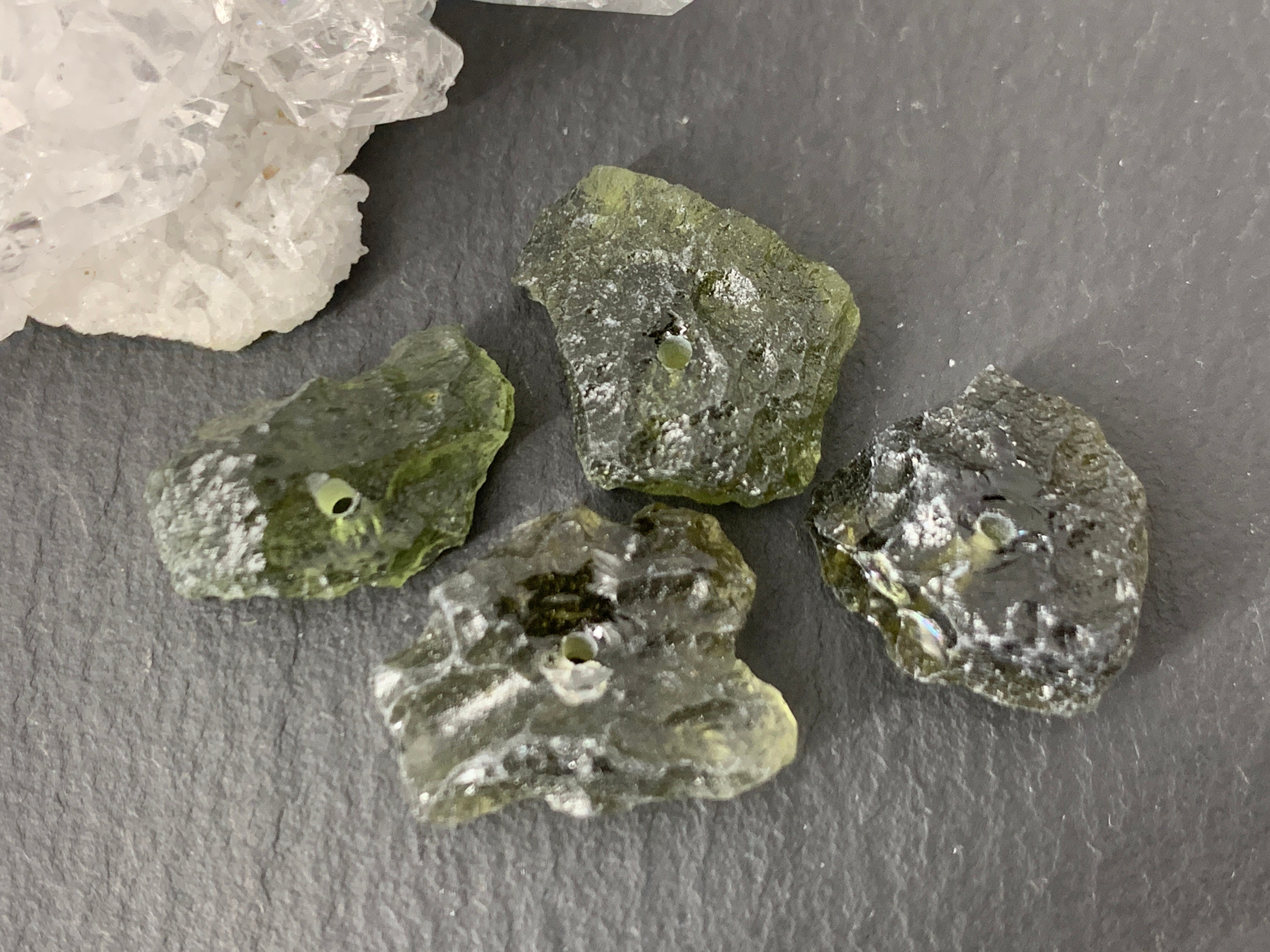 Rough Moldavite Beads: Olive Green Crystal, Lot Of 4