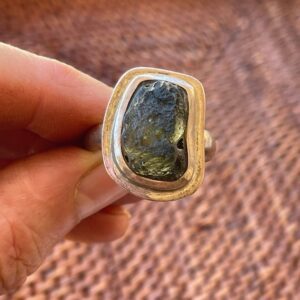 Moldavite Crystal in the Rough, Ring Size 11.5 Solid Sterling Silver bezel and band.