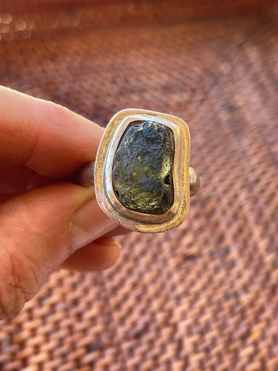 Moldavite Crystal In The Rough, Ring Size 11.5 Solid Sterling Silver Bezel And Band. Moldavite Crystal In The Rough, Ring Size 11.5 Solid Sterling Silver Bezel And Band.