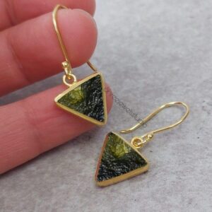 A Grade certified Moldavite Gemstone Earring In Sterling Silver| Moldavite Jewelry | Gift For Her, Triangle Earring