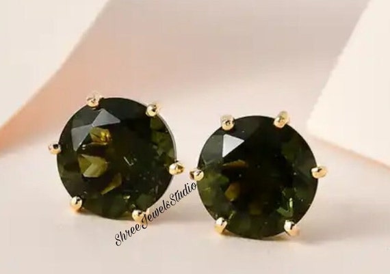 Czech Moldavite Stud Earrings In Sterling Silver Moldavite Jewelry, Genuine Moldavite Gemstone Earrings, Certified Moldavite, Gift For Her Czech Moldavite Stud Earrings In Sterling Silver Moldavite Jewelry, Genuine Moldavite Gemstone Earrings, Certified Moldavite, Gift For Her