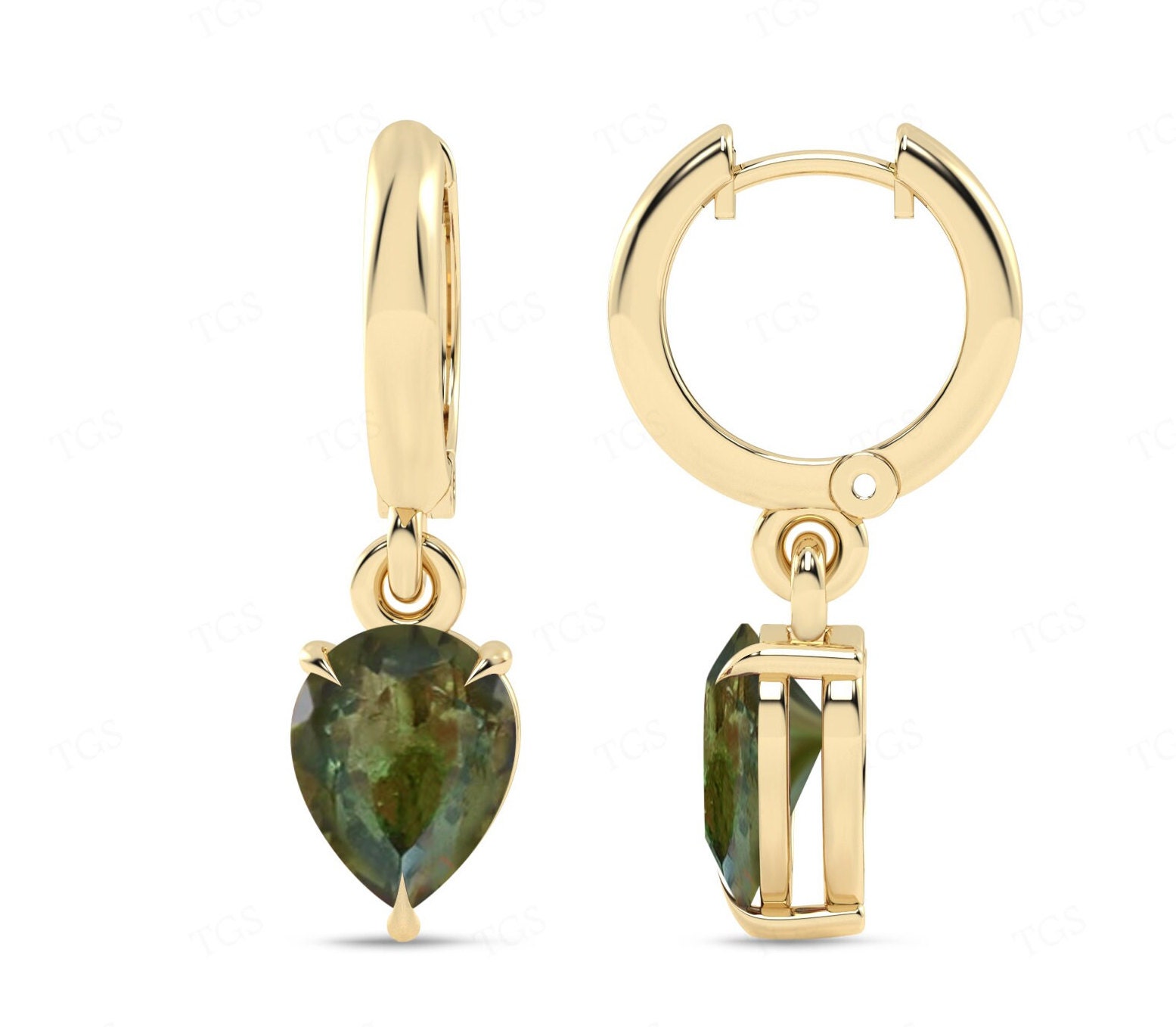 Dainty Moldavite Huggie Hoop Earrings For Women Art Deco Moldavite Tear Drop Wedding Earrings 925 Sterling Silver Moldavite Earrings For Her