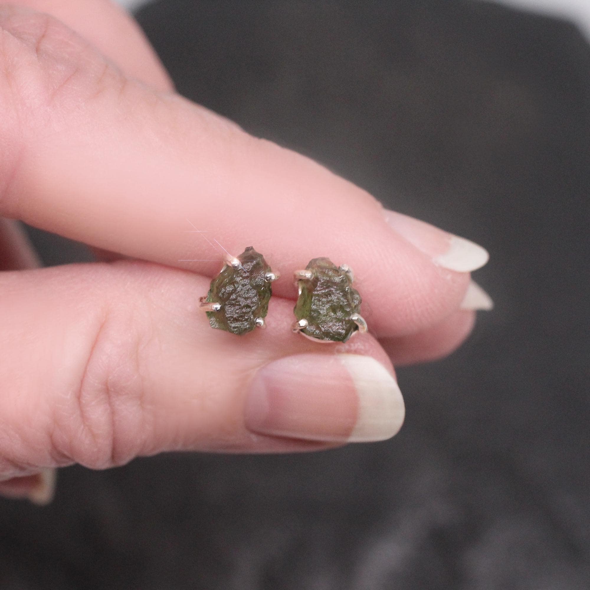 Gems From The Sky - Extraterrestrial Raw Genuine Moldavite Sterling Silver Stud Earrings