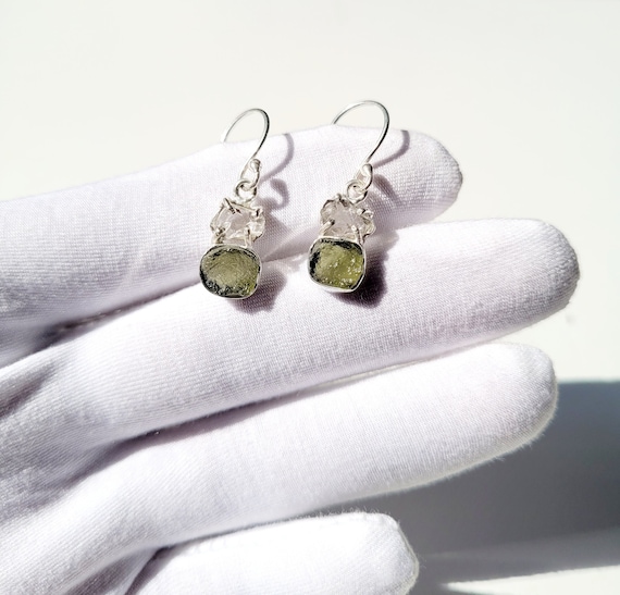 Moldavite Earrings, Genuine Moldavite Stone Earring, 925 Silver Handcrafted Earrings, Authentic Moldavite Jewelry, Herkimer Earrings For Her Moldavite Earrings, Genuine Moldavite Stone Earring, 925 Silver Handcrafted Earrings, Authentic Moldavite Jewelry, Herkimer Earrings For Her