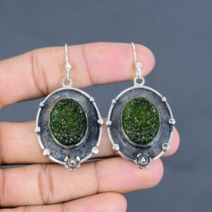 Handmade Moldavite Earrings: 925 Sterling Silver Gemstone Jewelry