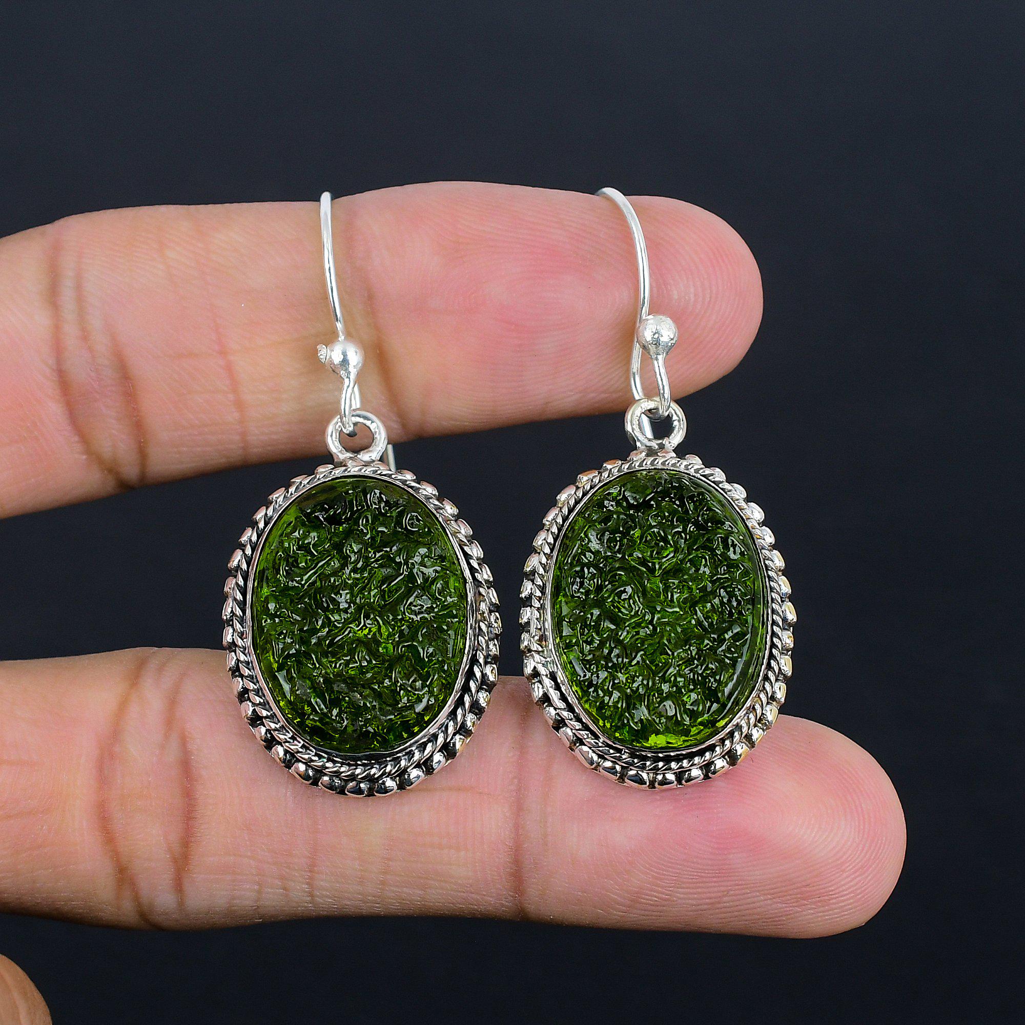 Handmade Oval Moldavite Earrings: 925 Sterling Silver Anniversary Jewelry