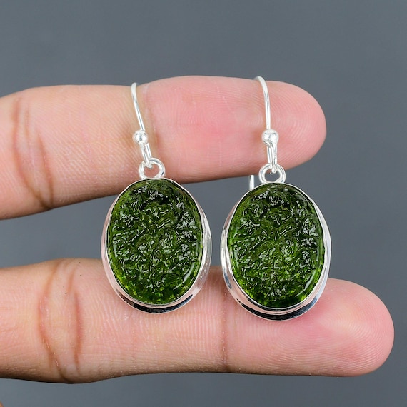 Handmade Oval Moldavite Earrings: 925 Sterling Silver Gemstone Jewelry