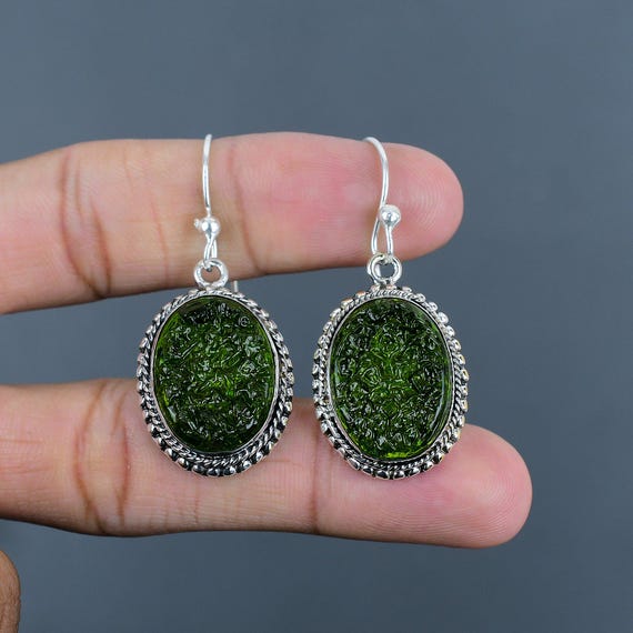 Handmade Moldavite Earrings: Vintage 925 Sterling Silver Jewelry