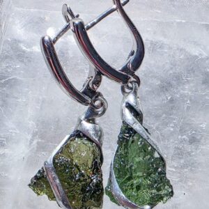 Raw Moldavite Earrings – Certified Czech Tektite, Rhodium Plated Boho Jewelry