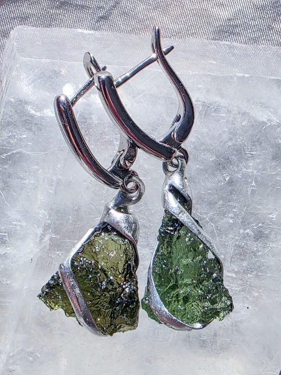 Raw Moldavite Earrings – Certified Czech Tektite, Rhodium Plated Boho Jewelry