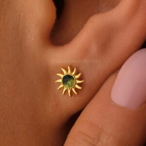 Raw Moldavite Stud Earrings, 925 Sterling Silver, Sun Shape
