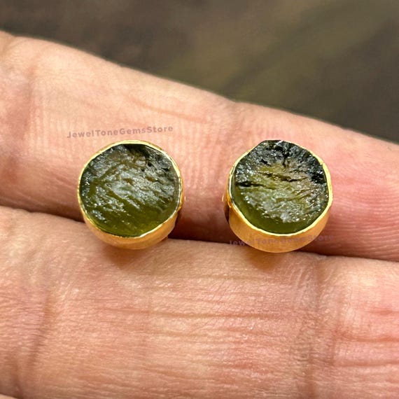 Raw Moldavite Stud Earrings, Sterling Silver, Genuine Certified Raw Moldavite Stud Earrings, Sterling Silver, Genuine Certified