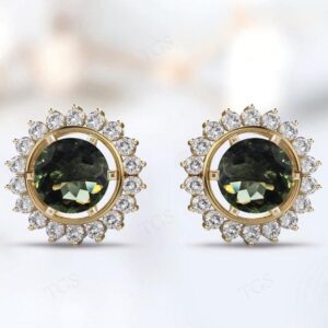Round Cut Moldavite Earrings For Woman Rose Gold Moissanite Stud Earrings Unique Halo Wedding Earrings Art Deco Moldavite Bridal Earrings