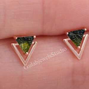 Trillion Raw Moldavite Stud Earrings, Sterling Silver, Boho Style
