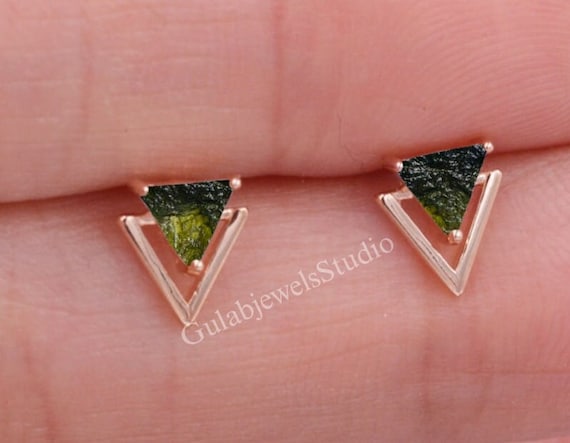 Trillion Raw Moldavite Stud Earrings, Sterling Silver, Boho Style