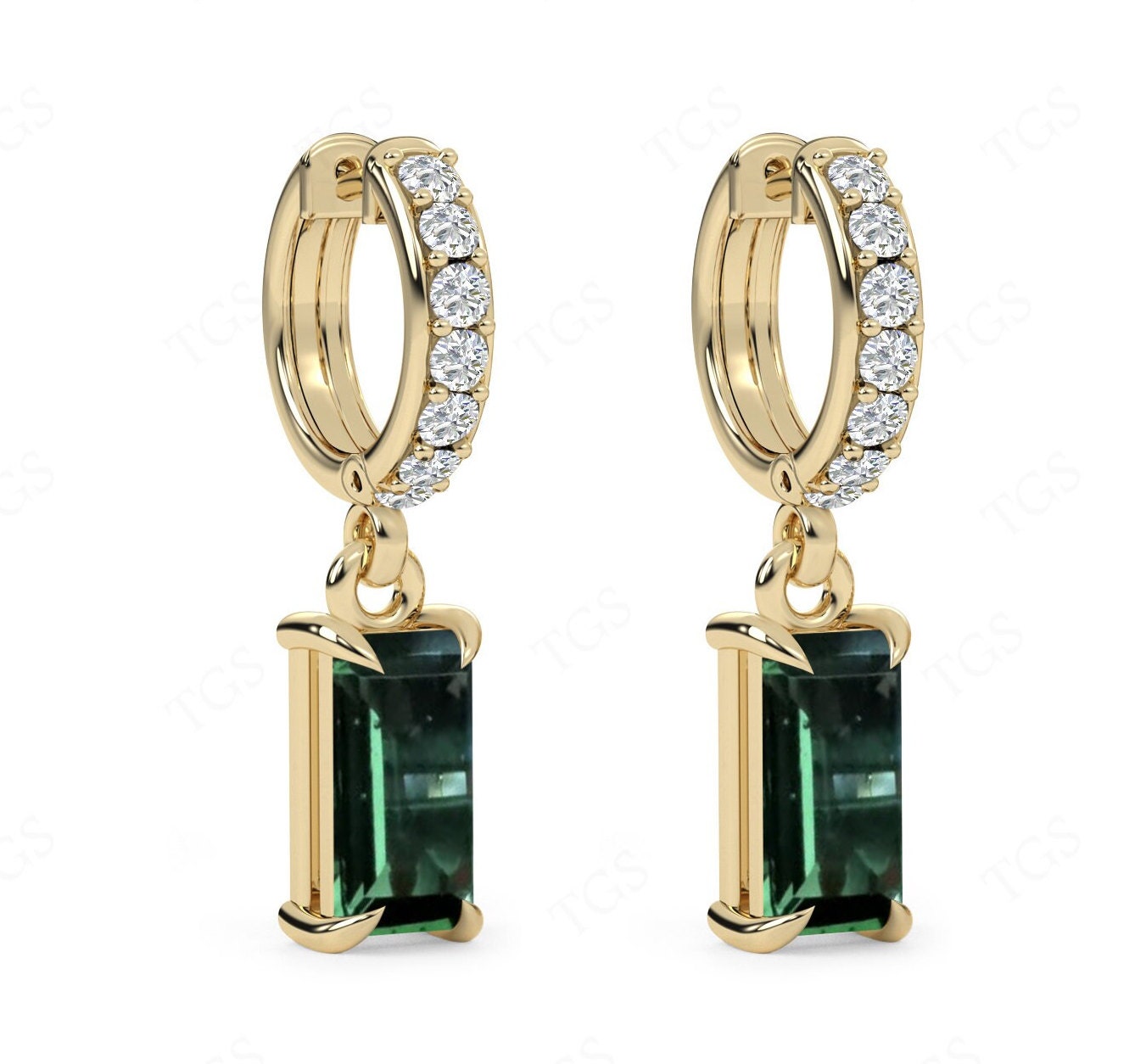 Unique Moldavite Earrings For Women 14k Gold Moldavite Hoop Earrings Art Deco Radient Cut Moldavite Hoop Earrings Anniversary Earrings