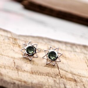 Unique Moldavite Starburst Earrings For Women Handmade Moldavite Gemstone Studs 14k Gold Stud Earrings For Her Minimalist Flower Design Stud