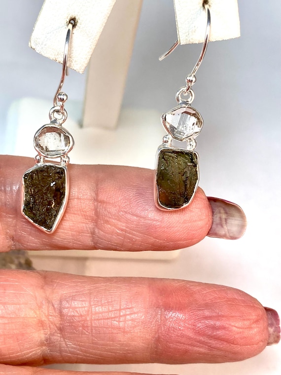 Moldavite Herkimer Diamond Earrings: Sterling Silver Angelic Reiki