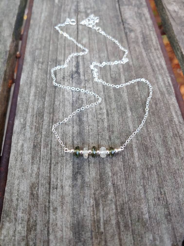 Beaded Moldavite And Libyan Desert Glass Necklace. Tektite Necklace. Rose Gold Gold Filled Or Sterling Silver  Available.  Real Tektites