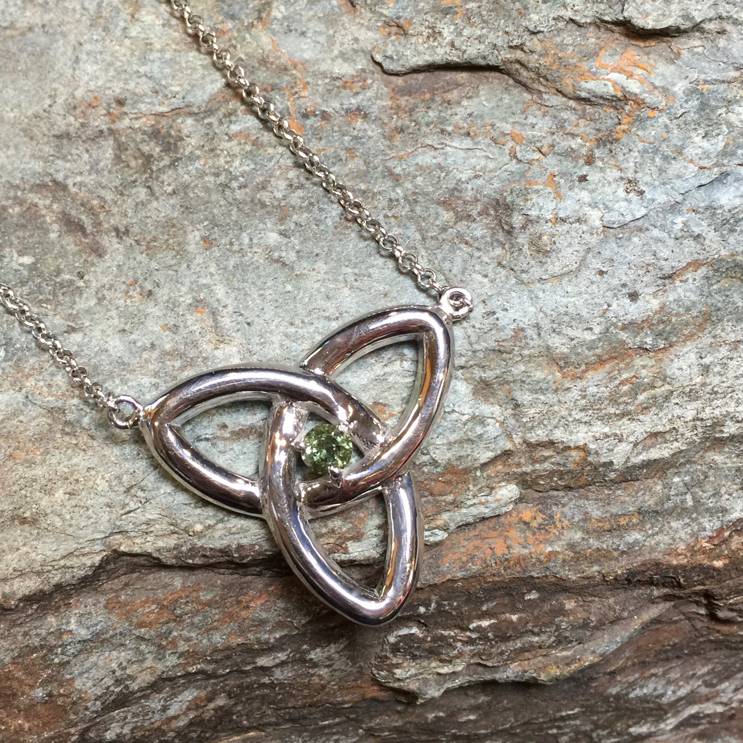 Celtic Knot Interlaced Triquetra! 4mm Round Faceted Genuine Moldavite And Sterling Silver Rhodium Plated Necklace
