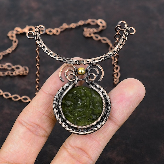 Moldavite Necklace Copper Wire Wrapped Adjustable Necklace Gemstone Copper Jewelry Designer Necklace Handmade Wire Wrap Jewelry Gift For Mom