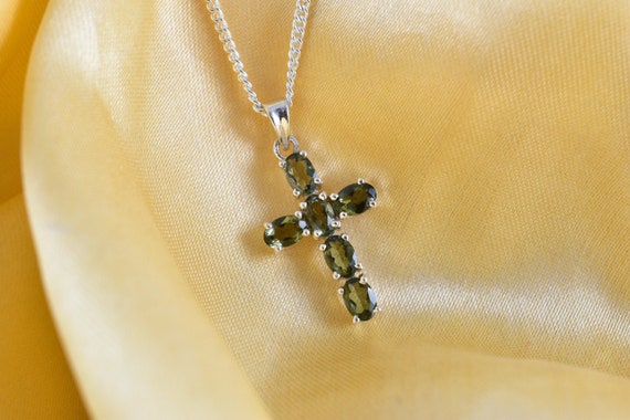 Moldavite Cross Necklace, Genuine Faceted Moldavite 6*4mm Moldavite Cross Necklace, Genuine Faceted Moldavite 6*4mm