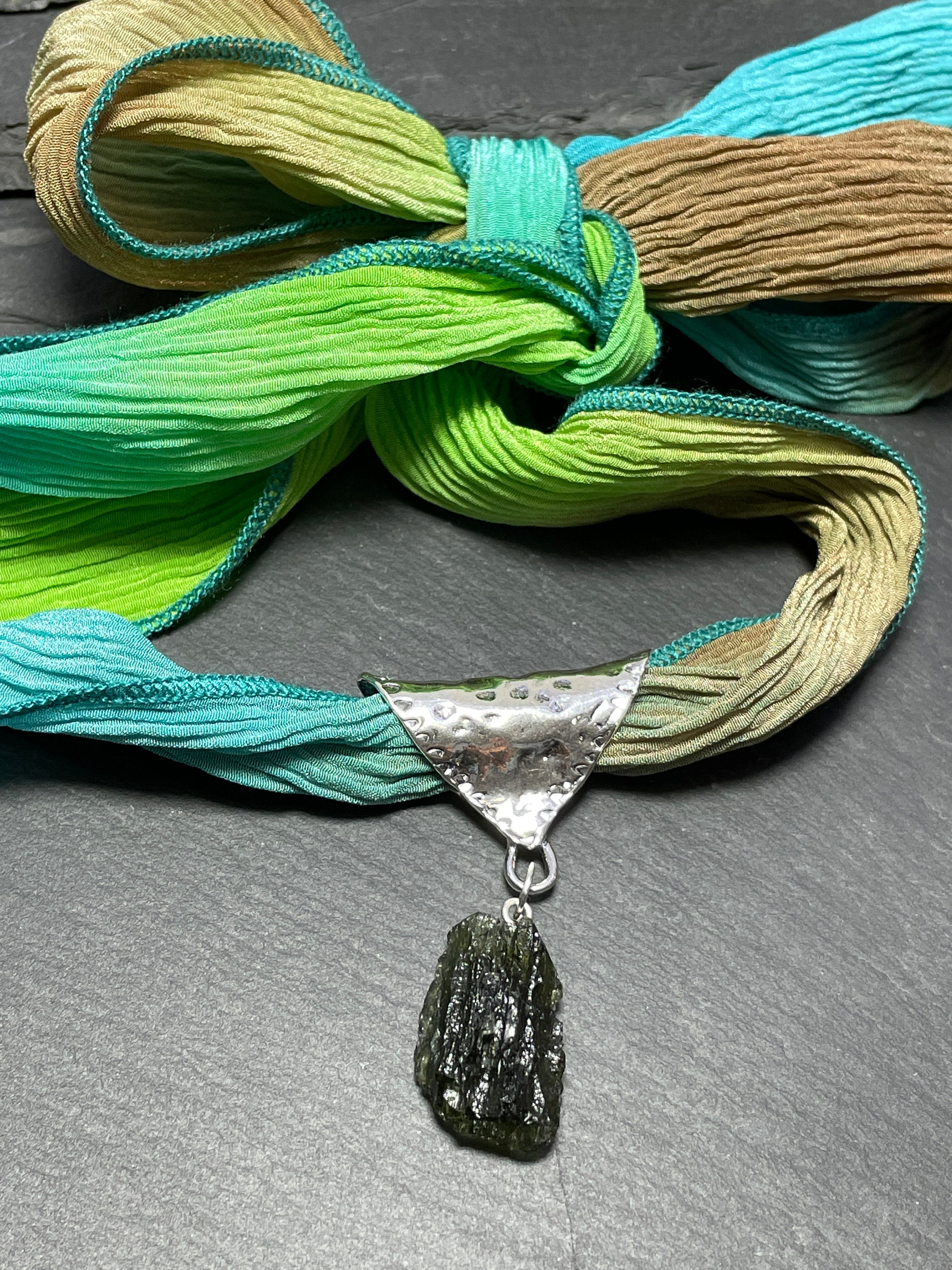 Moldavite Necklace With Dyed Ribbon