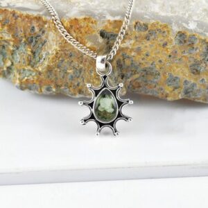 Faceted Moldavite Teardrop Necklace - Sterling Silver, Genuine Gemstone
