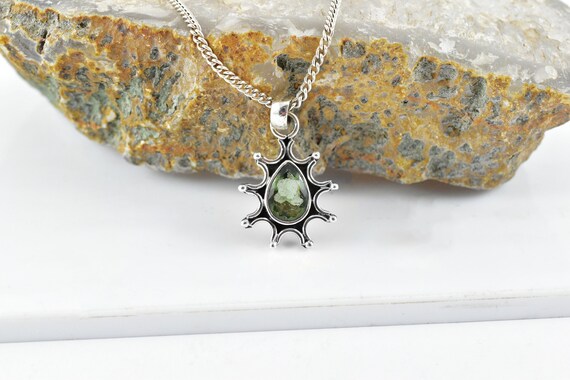 Faceted Moldavite Teardrop Necklace - Sterling Silver, Genuine Gemstone