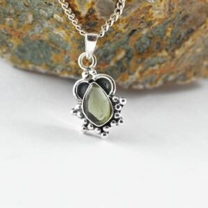 Genuine Moldavite Sterling Silver Necklace - Czech Cabochon Jewelry