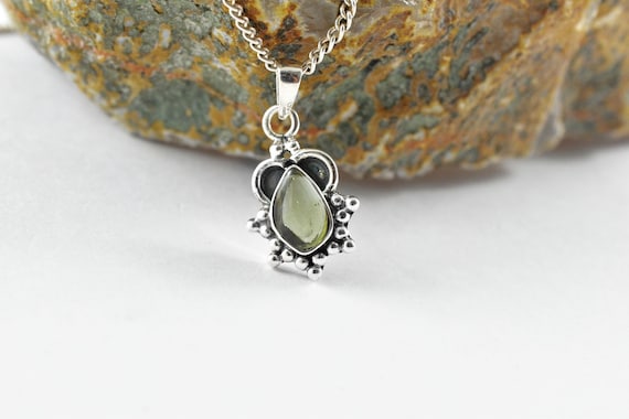 Genuine Moldavite Sterling Silver Necklace - Czech Cabochon Jewelry Genuine Moldavite Sterling Silver Necklace - Czech Cabochon Jewelry