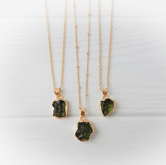 Moldavite Necklace Gold • Raw Green Gemstone • Gold Vermeil Authentic Meteorite Necklace • Genuine Moldavite • Healing Stone • Holiday Gift