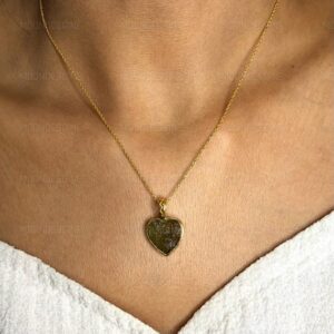 Moldavite Heart Shape Necklace, 14K gold Plated Handmade Necklace, Gift For Mom