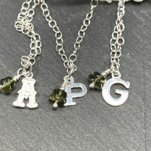 Moldavite Initial Necklace, Olive Green Gemstone (sterling Silver)
