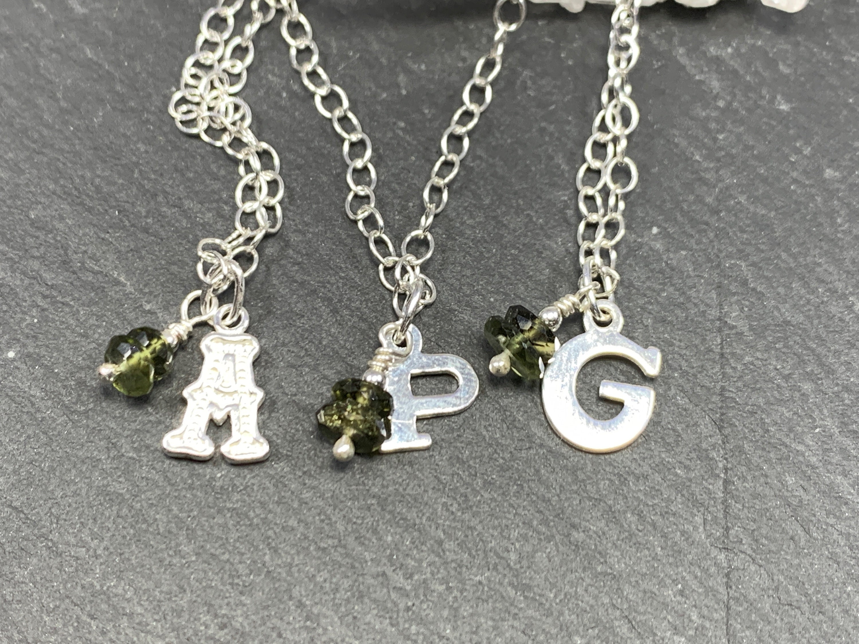Moldavite Initial Necklace, Olive Green Gemstone (sterling Silver)