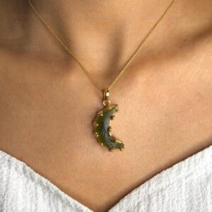 Natural Moldavite Half Moon Necklace, Sterling Silver, Czech Jewelry