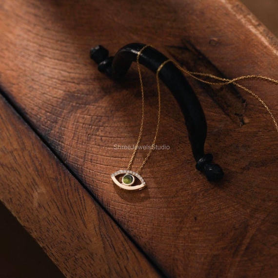 Natural Raw Moldavite Gemstone Necklace In 925 Silver & Gold Evil Eye Shape, Moldavite Necklace,  Anniversary Gift, Gifts For Her