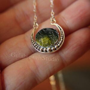Raw Moldavite Sterling Silver Necklace, Boho Moon Pendant