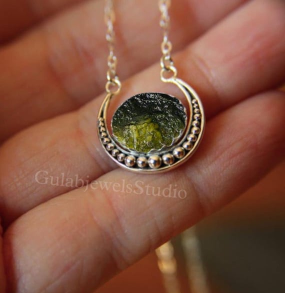 Raw Moldavite Sterling Silver Necklace, Boho Moon Pendant