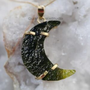 Raw Moldavite Half Moon Necklace, Sterling Silver, Czech Jewelry