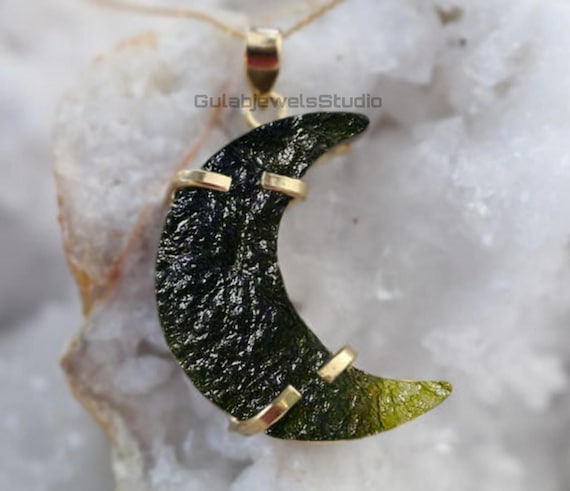 Raw Moldavite Half Moon Necklace, Sterling Silver, Czech Jewelry