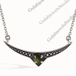 Raw Moldavite Crescent Necklace | Sterling Silver, Green Gemstone