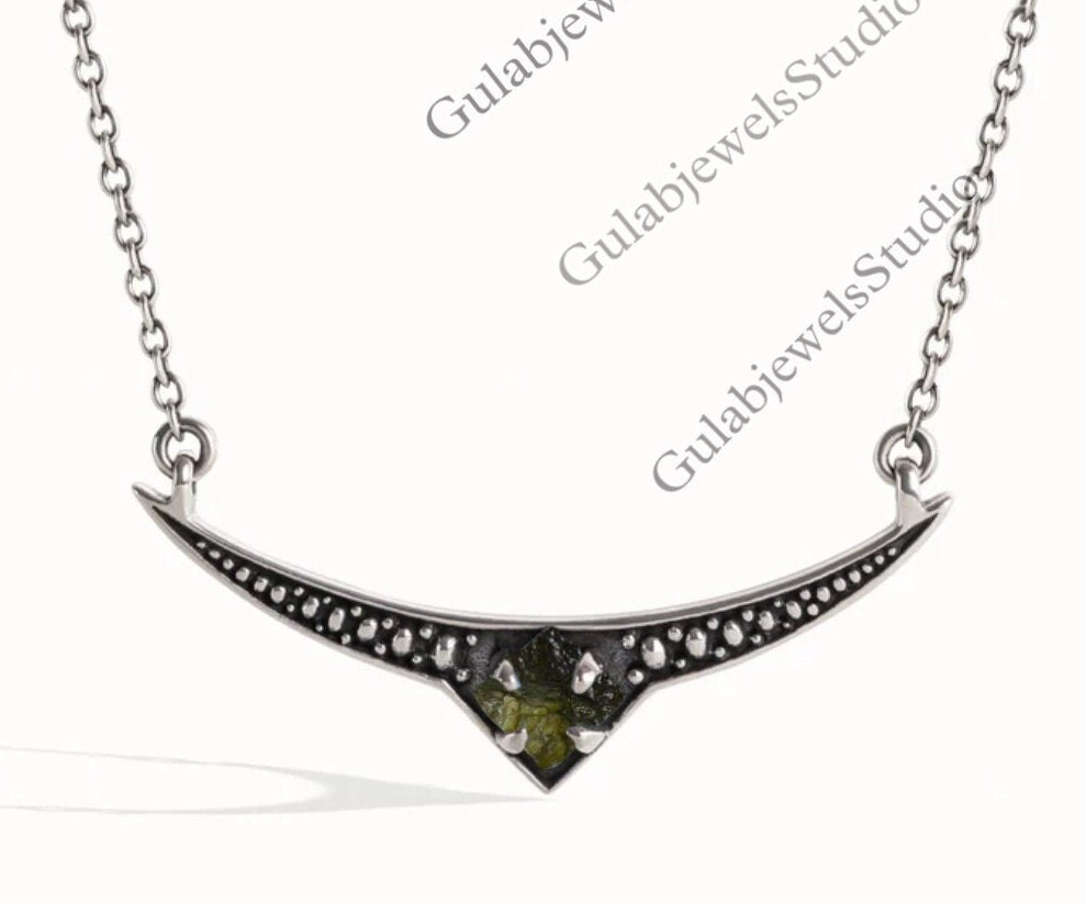 Raw Moldavite Crescent Necklace | Sterling Silver, Green Gemstone