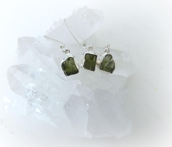 Moldavite Necklace Sterling Silver • Raw Green Gemstone • Sterling Silver Authentic Meteorite Necklace • Genuine Moldavite • Healing Stone